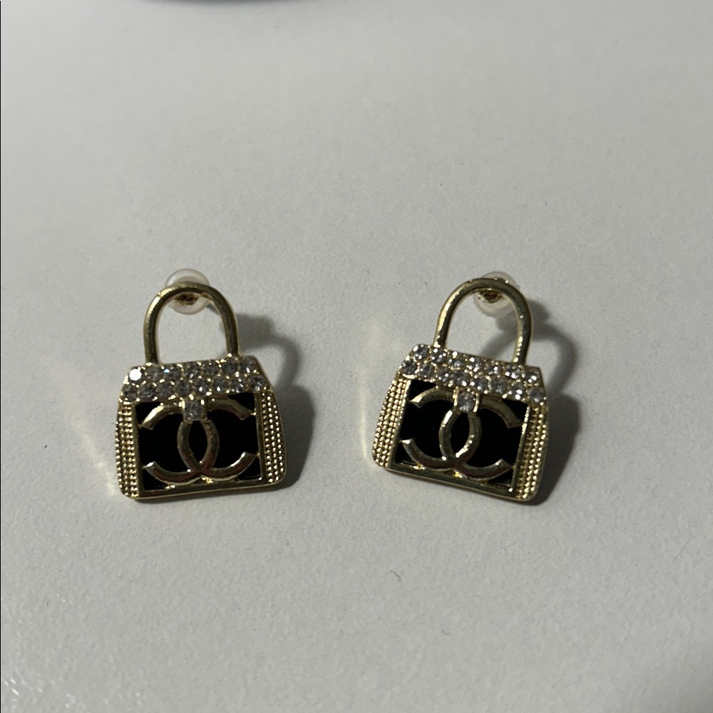 CC Gold Tone and Black Earrings w/ CZ